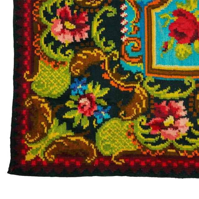 Textile Vintage Romanian Handwoven Wool Kilim Rug with Floral Folk Pattern, 1970s For Sale - Image 7 of 12