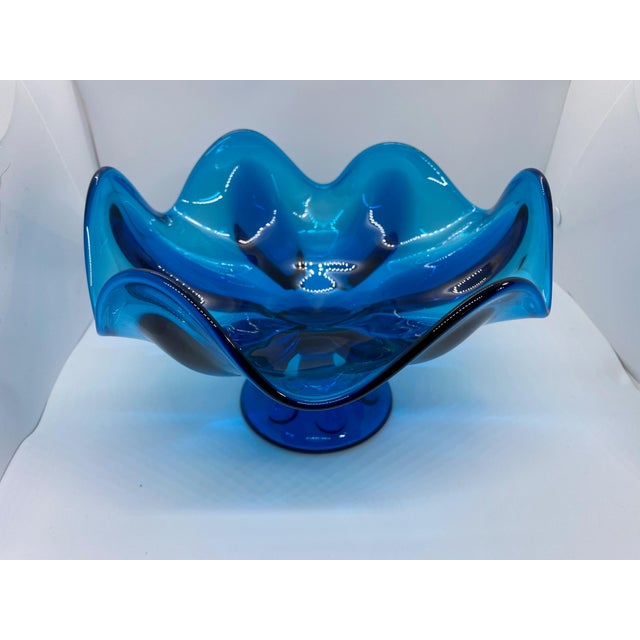 Mid Century Blue Art Glass Pedestal Bowl Chairish