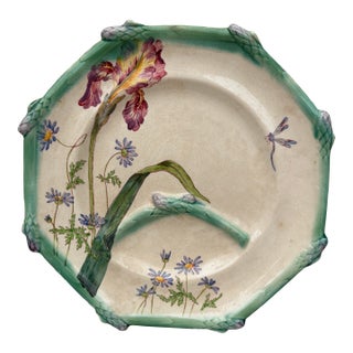 19th Century French Majolica Asparagus Plate Iris Longchamp For Sale