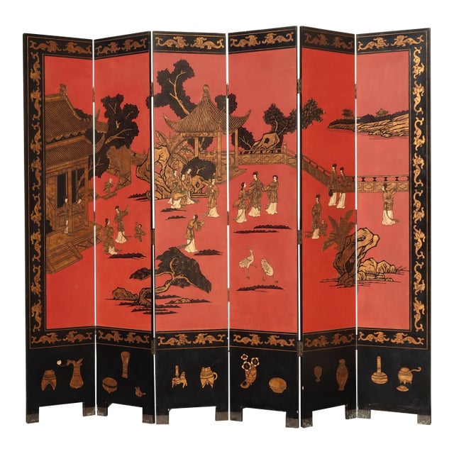 84"Tall Vintage Six Panel Oriental Asian Red Folding Screen Room Divider Palace For Sale