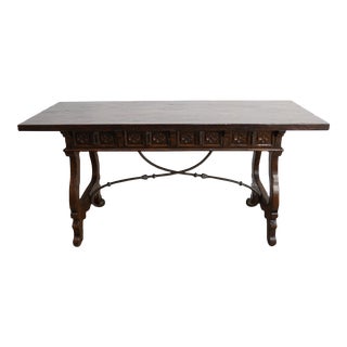 1960s Custom Brown Wood Carved Console with 4-Drawers For Sale