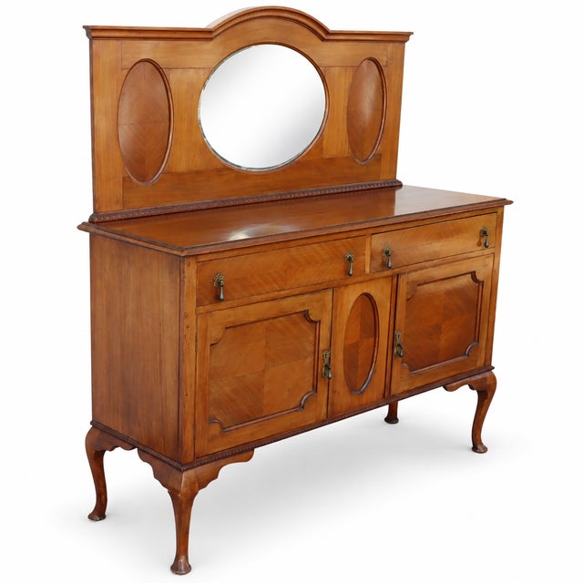 1940s Antique Honey-Brown Wood Buffet With Oval Mirror and Cabriole Legs For Sale - Image 4 of 10
