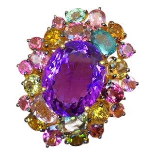 Bochic "Orient" Vintage Multi Tourmaline & Amethyst Ring - 18K Gold & Silver For Sale