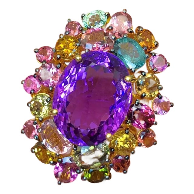 Bochic "Orient" Vintage Multi Tourmaline & Amethyst Ring - 18K Gold & Silver For Sale