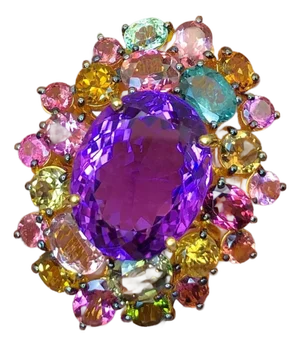 Bochic "Orient" Vintage Multi Tourmaline & Amethyst Ring - 18K Gold & Silver