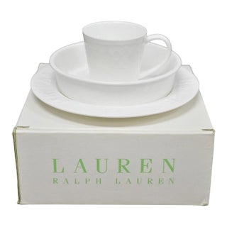 Late 20th Century Lauren Ralph Lauren "Mackenzie Quilt" 3 Pc Bone China Children's "Abc" Dish Set For Sale