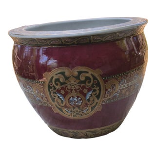 Large, Vintage Red and Gold Chinese Porcelain Fish Pot For Sale