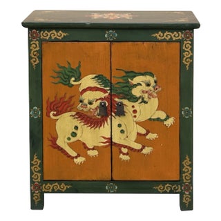 Tibetan Oriental Green Orange Foo Dogs Lions End Table Nightstand For Sale