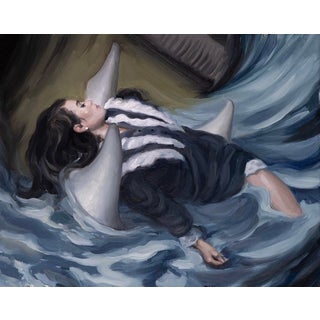 Night Swim by Nadezda | Oil on panel Woman floating in water wearing a black outfit. For Sale