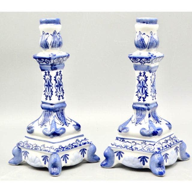 Vintage Delft Style Floral Candlesticks, a Pair For Sale - Image 4 of 7