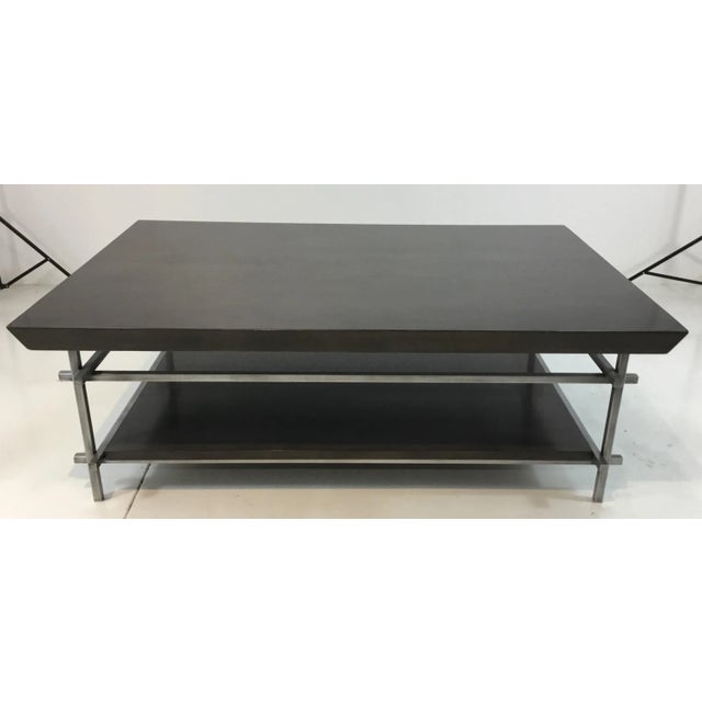 Elegant modern Swaim Co. lacquered charcoal rye cocktail table, silver finished metal frame, two ties, showroom floor...
