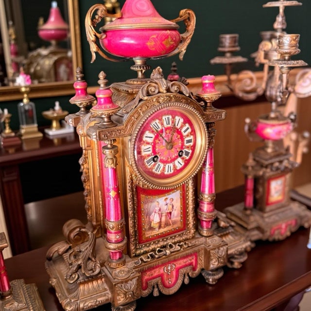 1900s Rare French Pink Sevres-Style Gilt Bronze Porcelain Mantle Clock + Candelabra For Sale - Image 11 of 12