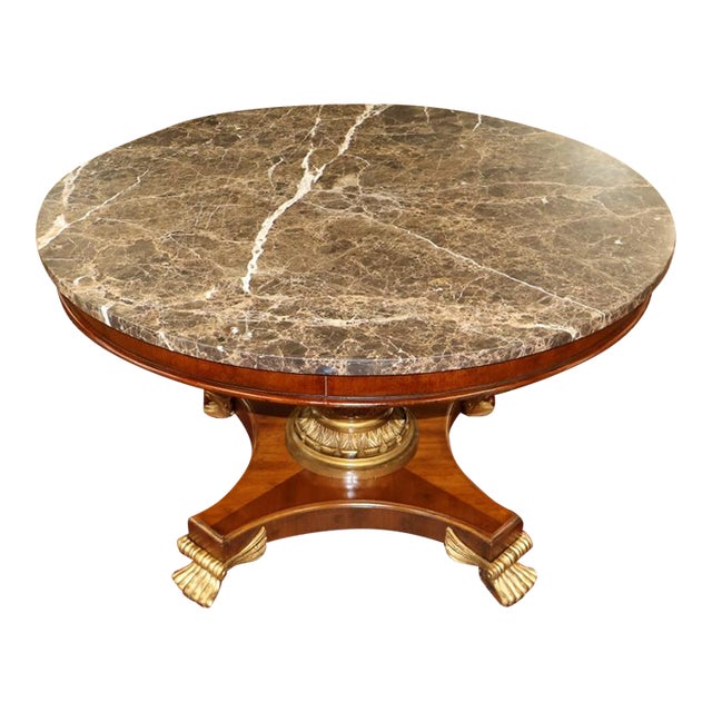 1990s Mahogany Neo Classical Regency Style Marble Top Dining Center Table For Sale