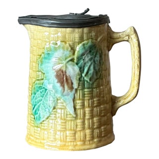 Vintage Majolica Lidded Ceramic Pitcher For Sale