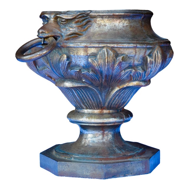 19th Century French Iron Urn With Lion Motif For Sale