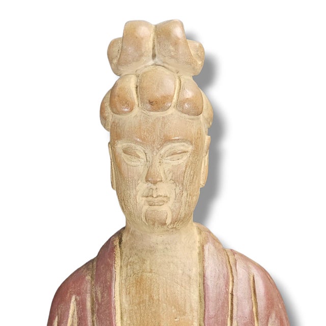 Mid 20th Century Pair of Mid-Century Chinese Hand-Carved Wooden Guanyin Figures – Painted Polychrome Finish, 23″ For Sale - Image 5 of 13