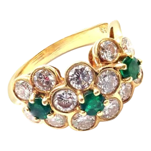 Van Cleef & Arpels 18k Yellow Gold Emerald Diamond Fleurette Ring, size 4.75