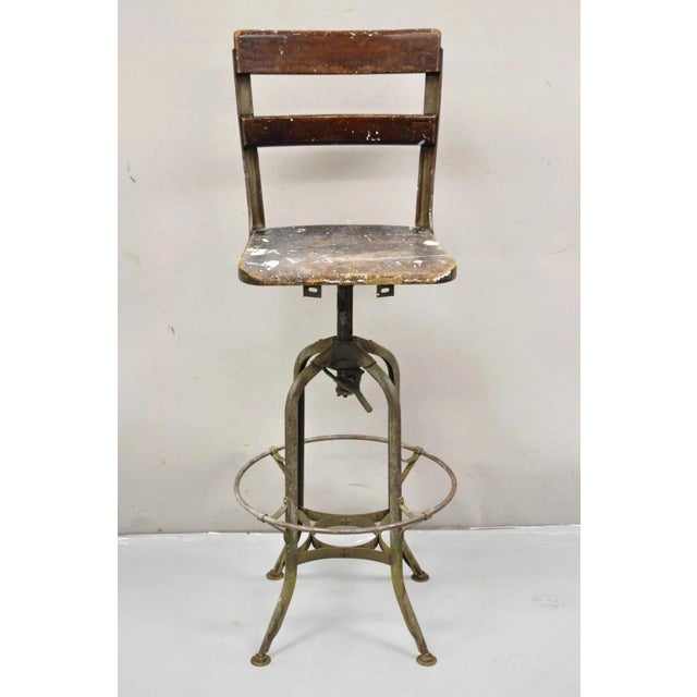 Early 20th Century Industrial Toledo Metal Co Steel & Wood Adjustable Drafting Stool Chair For Sale - Image 12 of 12