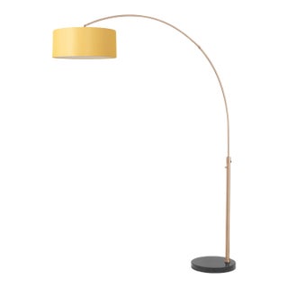 1960s Mid Century Modern Mustard Linen Floor Lamp - 92" Arc Lamp, Weathered Brass, Dimmable, Black Marble Base For Sale