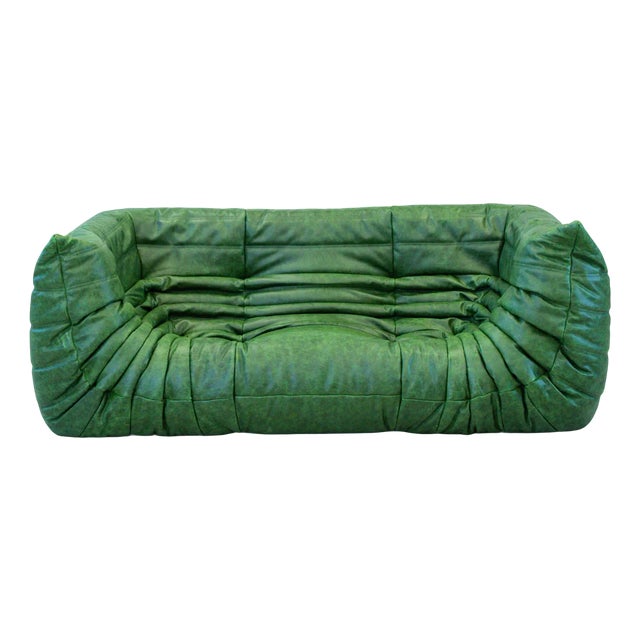 Togo Sofa in Green Leather by Michel Ducaroy, 1970s For Sale