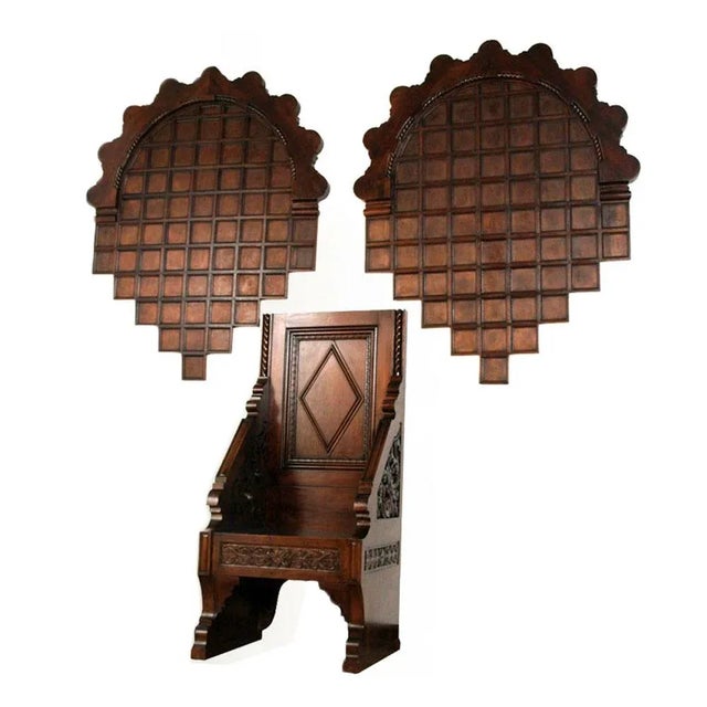 This carved throne features decorative wood panels in solid hand-carved walnut, as well as two crown panels. The...