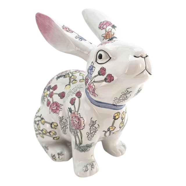 Vintage Botanical Floral Porcelain Rabbit Figurine 10.5" For Sale