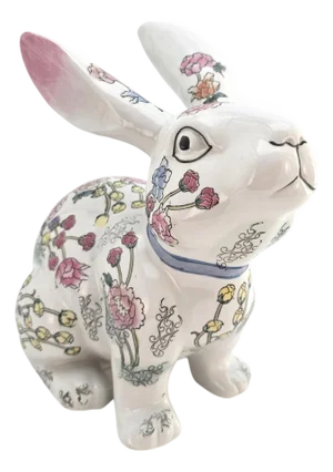 Vintage Botanical Floral Porcelain Rabbit Figurine 10.5"