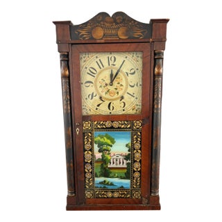 Edward M. Barnes, Bristol, Ct Pillar and Splat Shelf Clock With Reverse Painted Mansion Painting on Bottom Glass, 19th Century For Sale