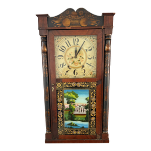 Edward M. Barnes, Bristol, Ct Pillar and Splat Shelf Clock With Reverse Painted Mansion Painting on Bottom Glass, 19th Century