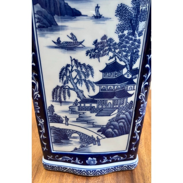 18” Tall Square Blue and White Chinoiserie Ceramic Vase For Sale - Image 10 of 10