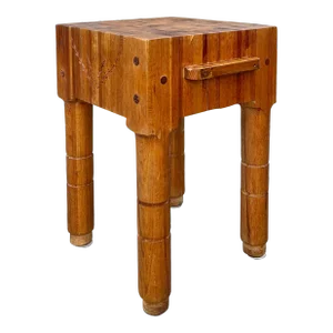 Vintage Solid Butcher Block Island With Knife Display and Carved Detail