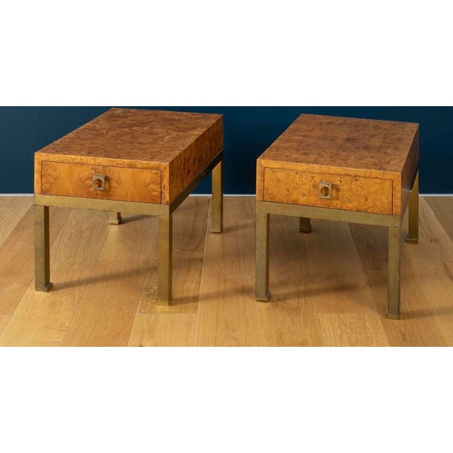 Pair of elm burl veneer side tables attributed to guy lefèvre for maison jansen, circa 1970. Each table features a drawer...