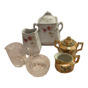 Collection of Pretty Antique & Vintage Creamer Sets: 1970 Waterford, 1880 Powell Bishop Ironstone, 1930 Trico Ngoya