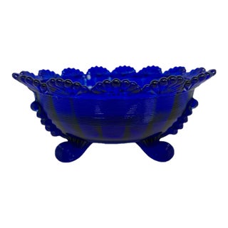 1980’s Mosser Glass Cobalt Blue Footed Centerpiece Fruit Bowl - 8” Wide For Sale