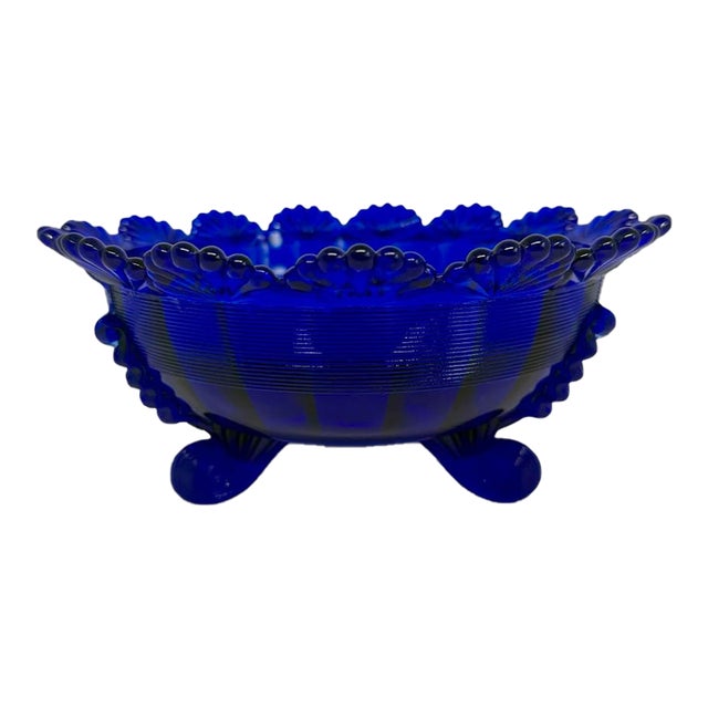 1980’s Mosser Glass Cobalt Blue Footed Centerpiece Fruit Bowl - 8” Wide For Sale