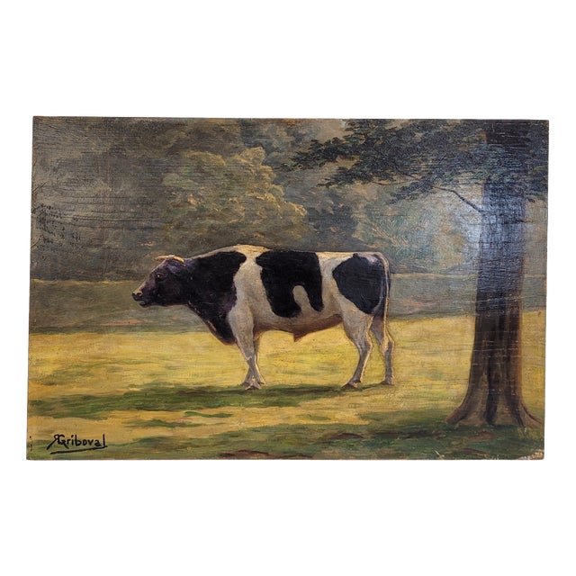 Roger Griboval, Rouen School Cow, 1980s, Oil on Board For Sale