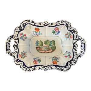 Antique 19th Century English Stone China Pottery Rectangular Tray or Basket