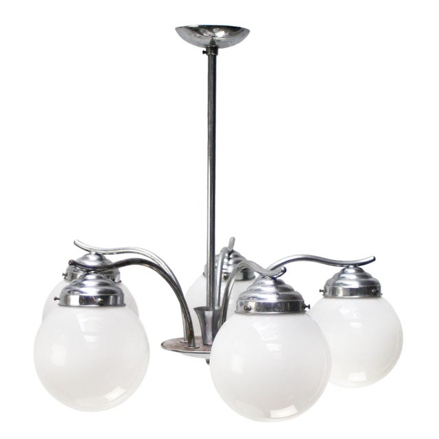 French Art Deco Nickel-Plated 5-Arm Chandelier with White Opaline Glass Globes For Sale - Image 3 of 11