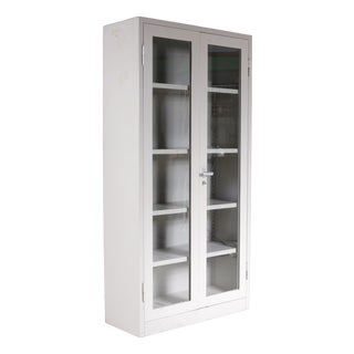 Vintage Industrial Bookcase in Gray Metal with Glass, 1960s For Sale