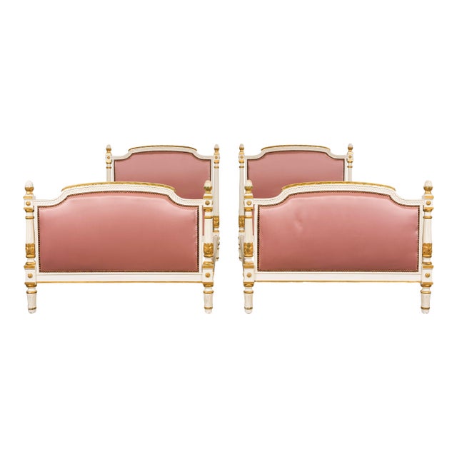 Mid-Century Louis XVI Twin Bed Frames, Pink Silk, Painted Wood, 1940 For Sale