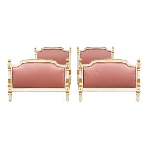 Mid-Century Louis XVI Twin Bed Frames, Pink Silk, Painted Wood, 1940