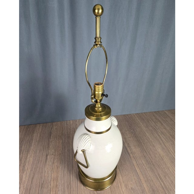 Hart Associates Vintage Hart & Associates Brass & White Pottery Table Lamp W Sea Shell Handles For Sale - Image 4 of 13