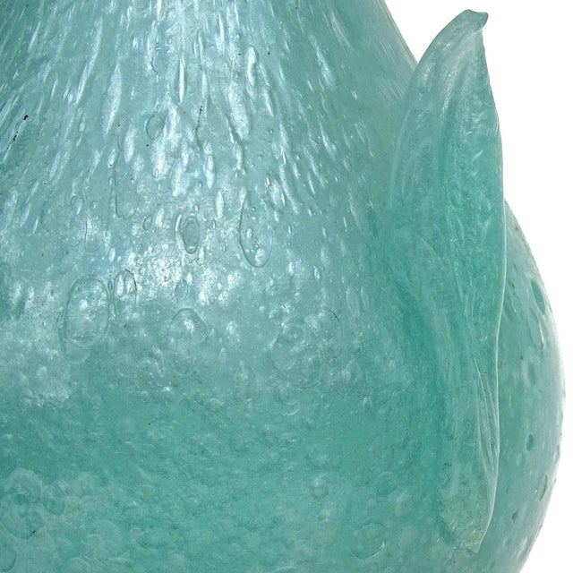 Antique Murano Avem 1932 Pulegoso Teal Green Bubbles Italian Art Deco Glass Footed Flower Vase For Sale In Orlando - Image 6 of 9