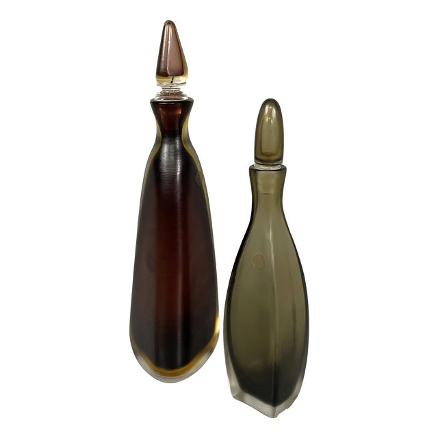 Italian Modern Red and Gray Murano Glass Bottles with Caps attributed to Venini, 1990s, Set of 2 For Sale