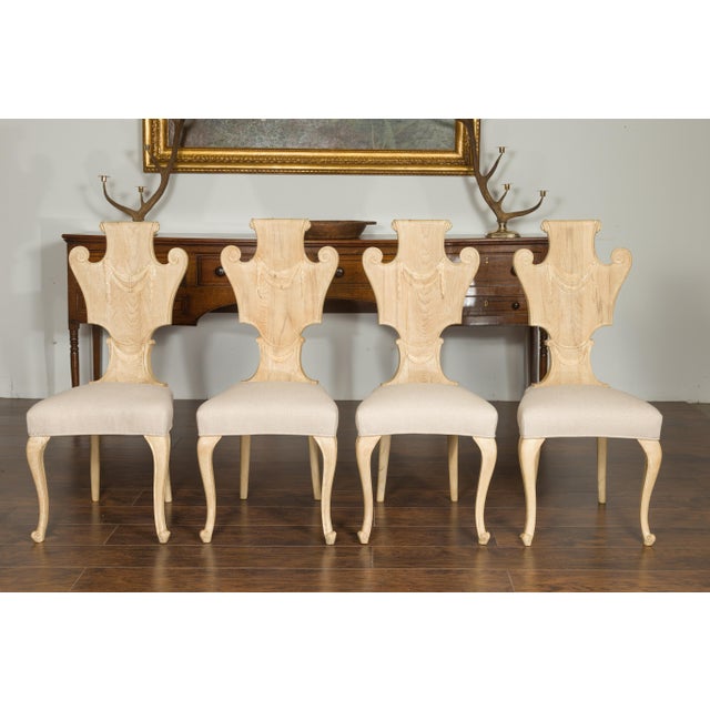 Wood Set of Six Italian Midcentury Bleached Walnut Dining Room Chairs with Scrolls For Sale - Image 7 of 12
