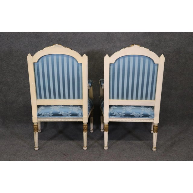 French Carved Painted and Gilded Armchairs Blue Silk - A Pair For Sale - Image 12 of 12