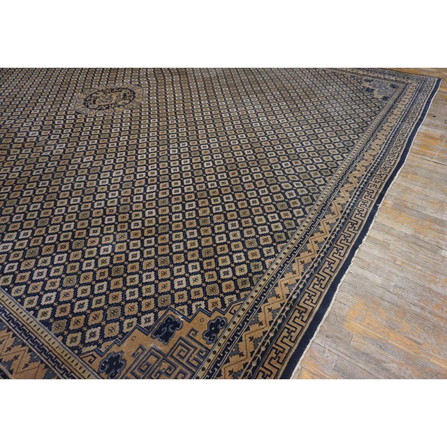 Textile Rectangle Wool Allover Geometric Hand Knotted Pile 1920s Large Antique Blue Rug For Sale - Image 7 of 11