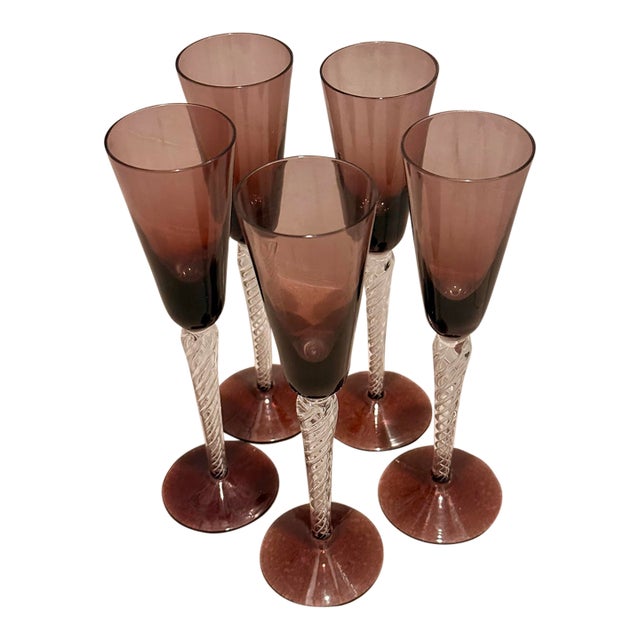Rare Vintage Mid-Century Bill Blenko Designed Art Glass Air Twist Amethyst Champagne Flutes- Set of 5 For Sale