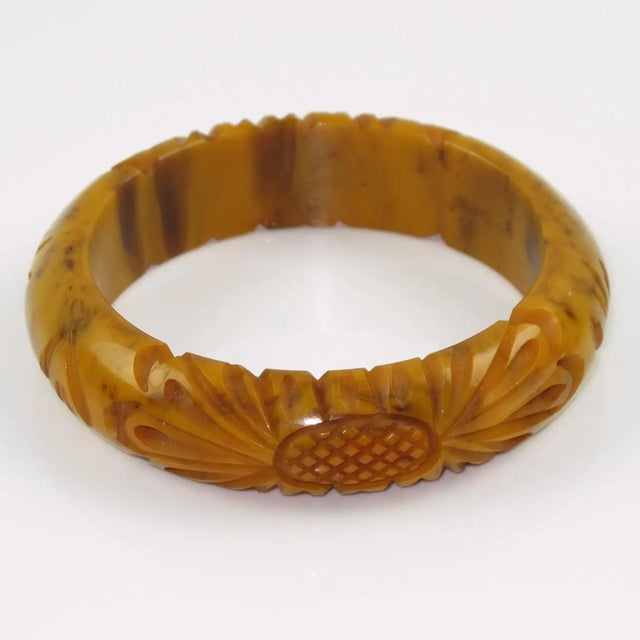 Banana Brown Marble Bakelite Floral Carved Bracelet Bangle For Sale - Image 4 of 7