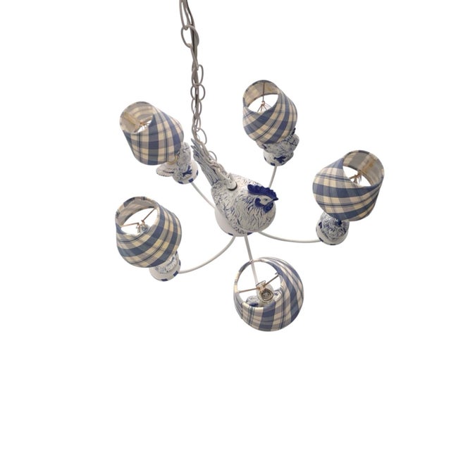 White Vintage Chandelier Blue White Ceramic Rooster Chicken French Country Lighting For Sale - Image 8 of 8